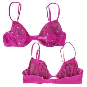 Victoria Secret Y2K Sequin Floral Mesh Wired Bra 36C Festival Sheer Rave Party